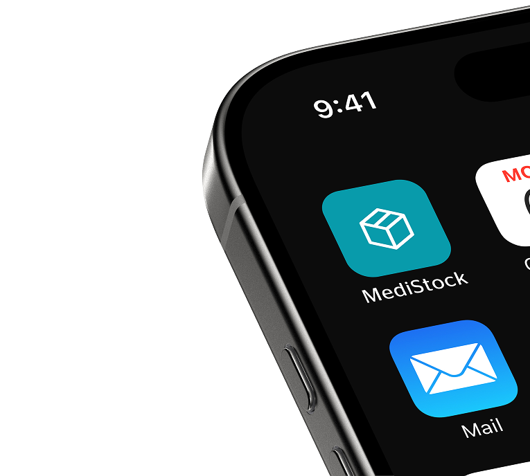 Close-up of an iPhone 16 Pro screen showing the MediStock app icon with a white cube on a teal background and the Mail app icon with a white envelope on a blue background.