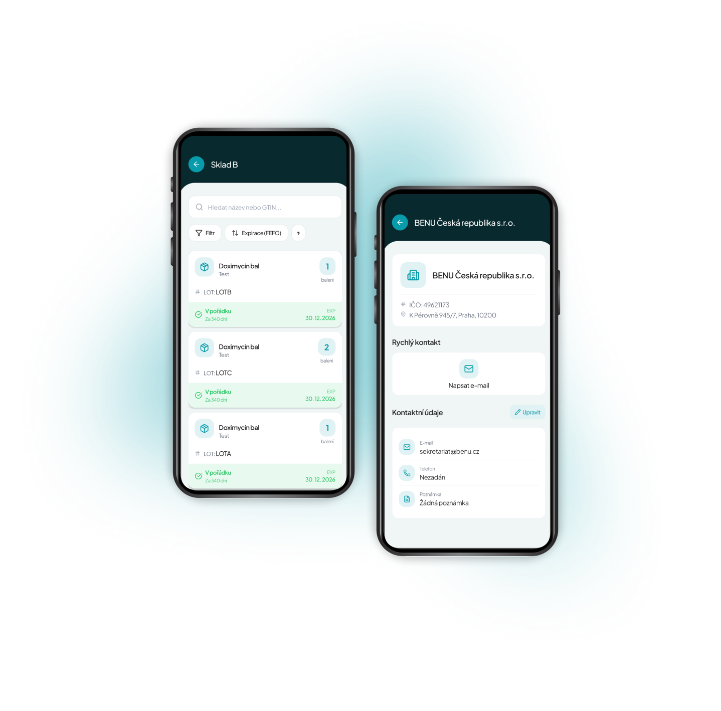 Two smartphones showing a warehouse inventory app in Czech, listing Doximycin products with expiration dates and a company contact screen for BENU Česká republika s.r.o.