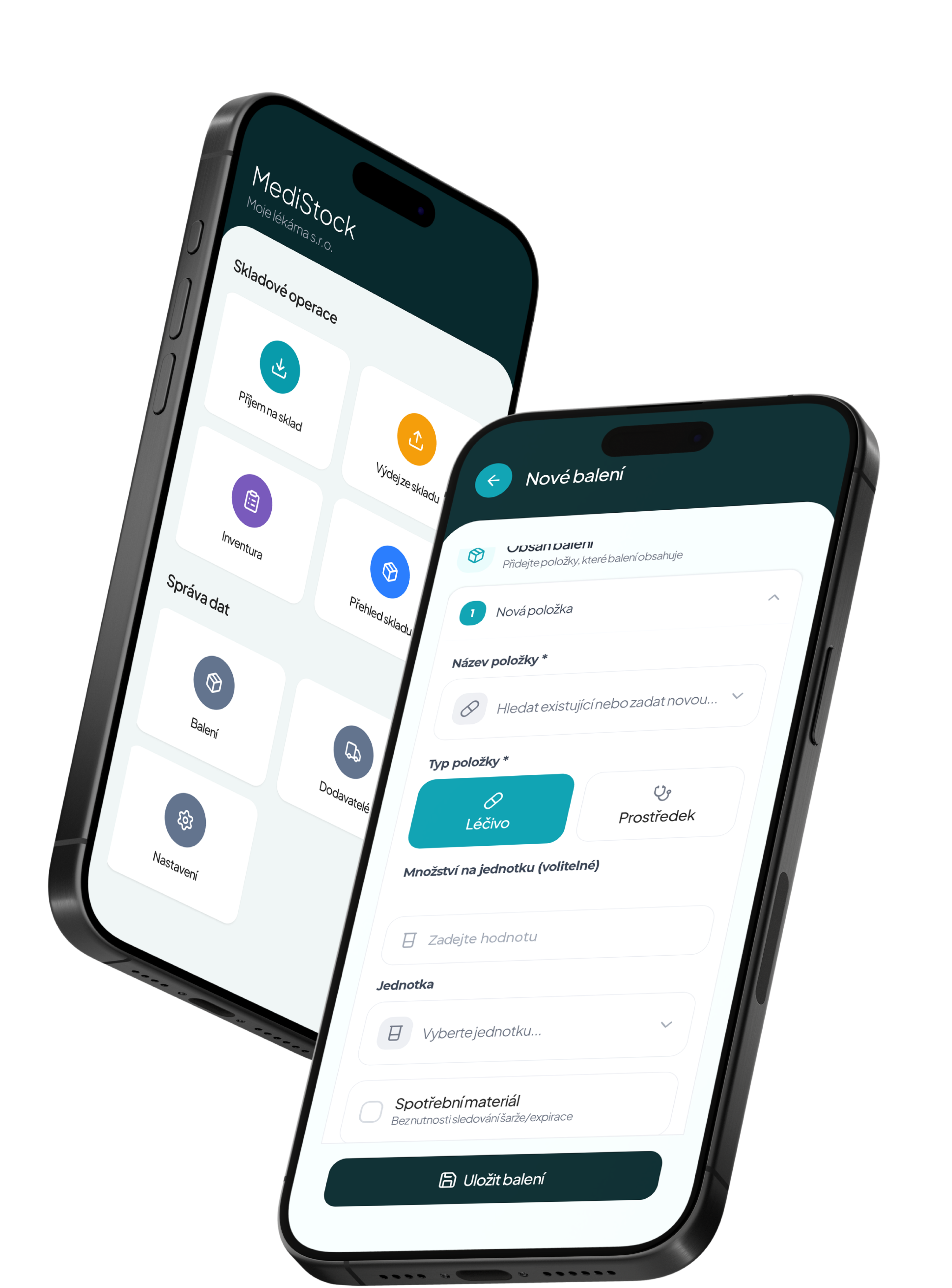 Two smartphones displaying MediStock warehouse management app screens with inventory and new packaging options in Czech.